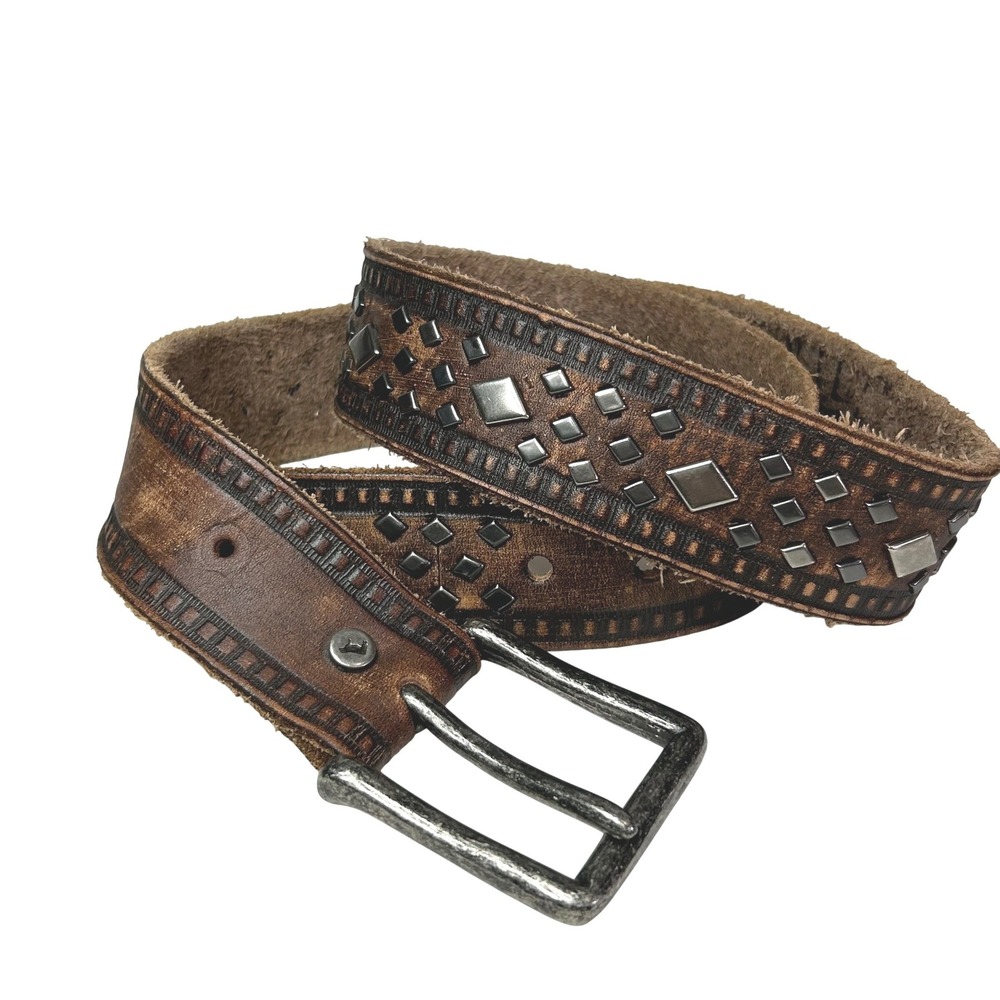 Will Leather Goods Brown Distressed Leather Belt 34 Studded Western/Biker Style